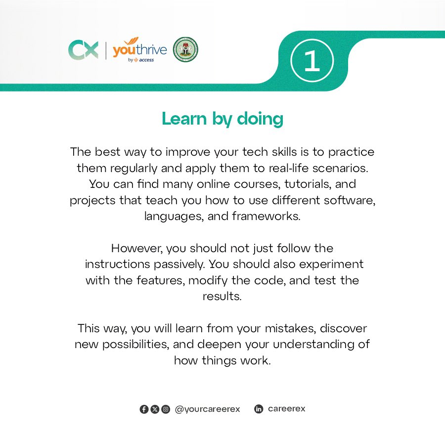 yourcareerex's tweet photo. Remember, improving tech skills takes time and practice. Stay curious, persistent, and patient, and you’ll become a tech whiz in no time!
#accessbank #youthrive #careerexinternship #elitepath #tech #yourcareerex #techblogger https://t.co/4hewBVY7tB