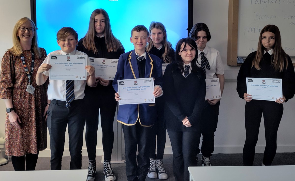 Carrick_Academy's tweet image. Huge thanks to the impressive Creative Writing Club members for developing and running a short story competition for our S2 cohort.  We had some fabulous entries and our winners are pictured here having had their certificates and prizes presented by Mollie W and Miss Patterson.