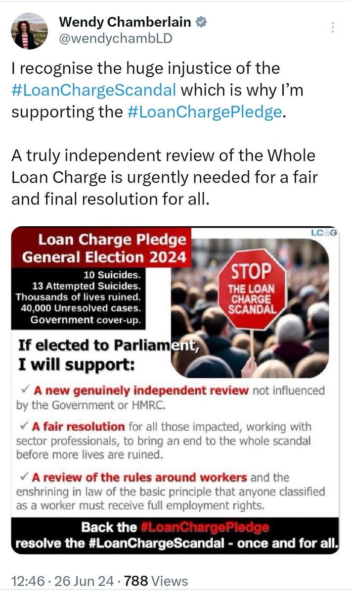 LCAG_2019's tweet image. Thank you @wendychambLD for signing up to #LoanChargePledge and we urge all candidates at #GeneralElection to commit to simple uncontroversial pledge.
- Independent Review into whole scandal.
- #FairResolution for all #LoanChargeScandal
- Fair tax treatment for workers.