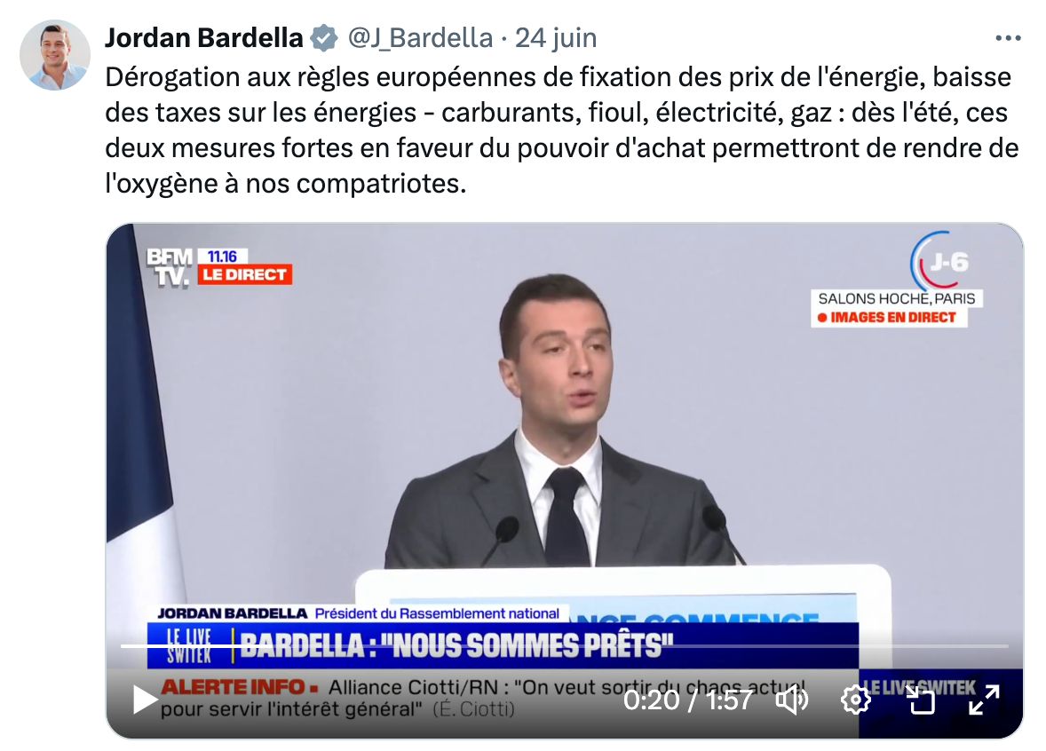 Avaaz's tweet photo. Le programme du #RN se targue de défendre une #écologie du “bon sens”, l’opposant à une écologie “punitive” : derrière les discours grandiloquents visant à instrumentaliser la thématique du pouvoir d’achat, on a voulu vérifier la pertinence de certaines mesures proposées…

🚨Spoiler : le "paradis énergétique" présenté par Jordan #Bardella virerait plutôt à un enfer pour les ménages modestes.

Un fil à dérouler ↩️

#LegislativesAnticipees2024