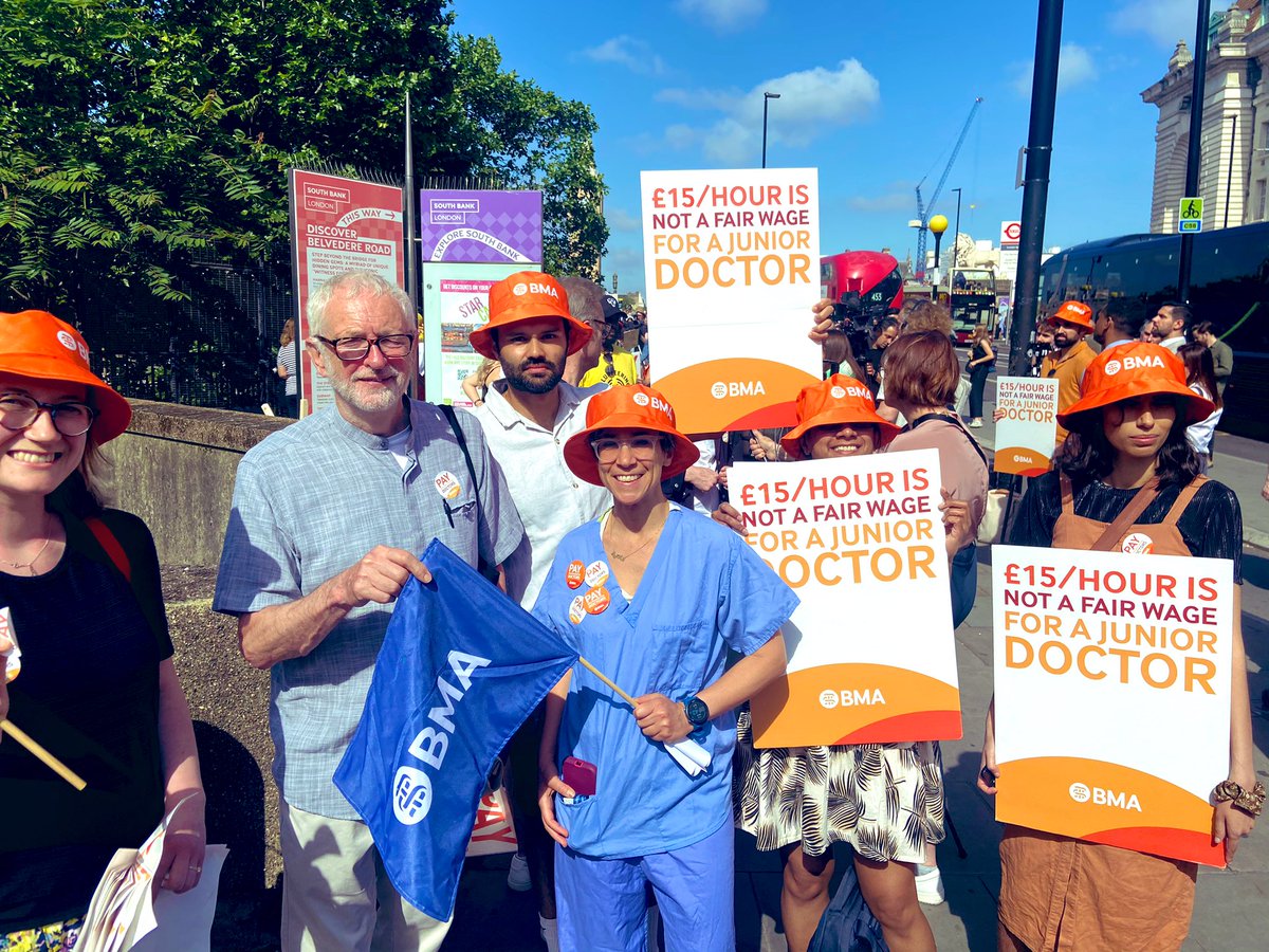 jeremycorbyn's tweet photo. Proud to join NHS workers on the picket line today. They are taking historic strike action for the safety of us all.

Our NHS is nothing without the cleaners, doctors, nurses, ambulance drivers, receptionists and others who keep it running.

You will always have my full support. https://t.co/9PNtjrPPr8
