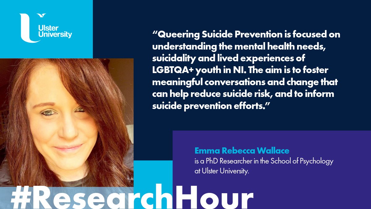 Ulster University (@ulsteruni) on Twitter photo #ResearchHour
<a href="/err_wallace/">Emma Rebecca Wallace</a>’s primary research interests centre around reducing suicide risk, informing Stormont's APG on Suicide Prevention and changes to the Suicide Prevention Strategy for LGBTQA+ young people.
Learn more: bit.ly/45F7wGT
#WeAreUU | <a href="/LGBTStaff/">LGBT+ Staff Network</a> #ResearchHour
<a href="/err_wallace/">Emma Rebecca Wallace</a>’s primary research interests centre around reducing suicide risk, informing Stormont's APG on Suicide Prevention and changes to the Suicide Prevention Strategy for LGBTQA+ young people.
Learn more: bit.ly/45F7wGT
#WeAreUU | <a href="/LGBTStaff/">LGBT+ Staff Network</a>