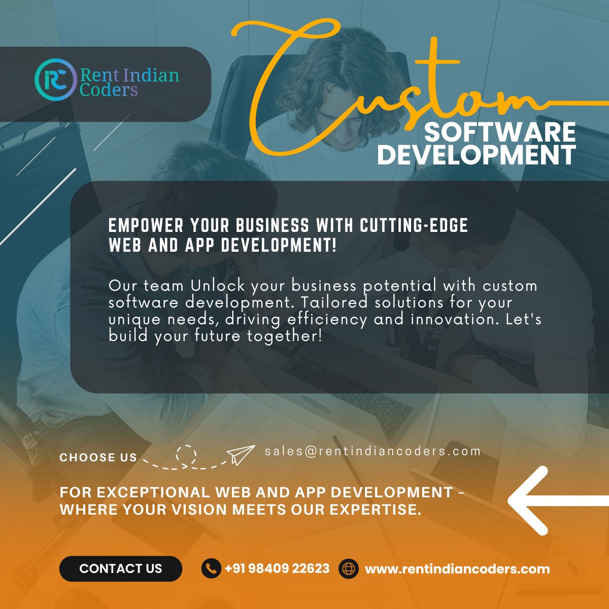 indiancoders's tweet photo. Transform your business with custom software from Rent Indian Coders! 🌟 Tailored web &amp; app solutions to drive efficiency and innovation. Let's build a brighter future together! 🚀

#CustomSoftware #WebDevelopment #AppDevelopment #BusinessGrowth #TechSolutions #SuccessDelivered https://t.co/X2II8RaG9t