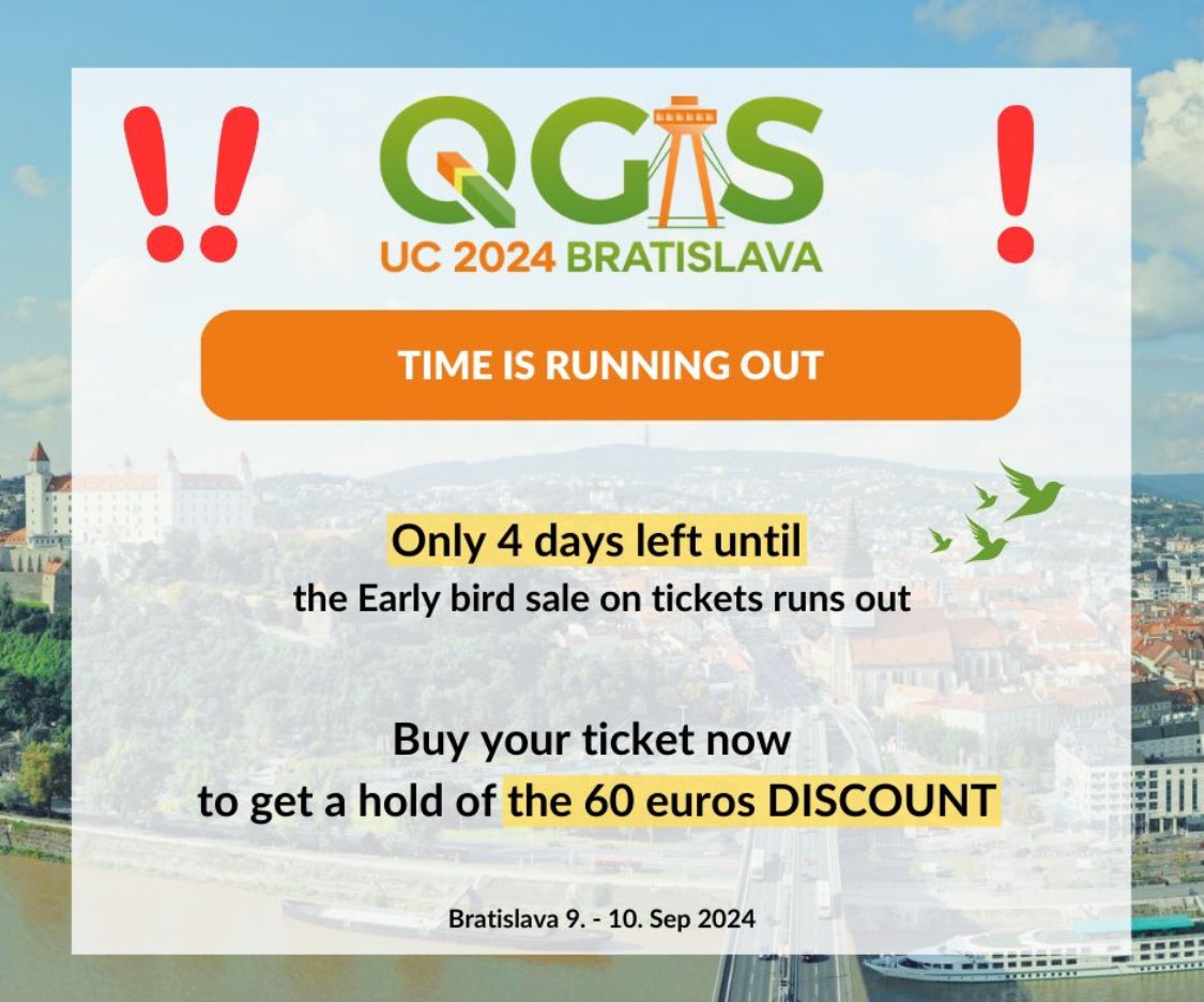 Tickets are selling fast! 🚀 Don't miss your chance to secure your seat at the @QGIS User Conference! 

uc2024.qgis.sk