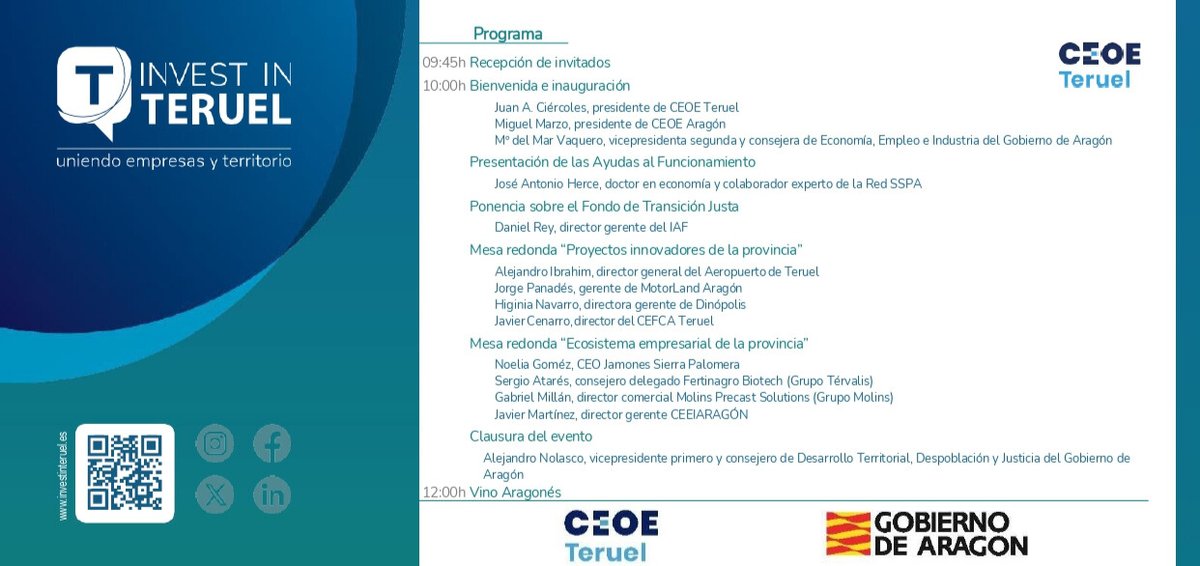 📈 La provincia de Teruel es una tierra de oportunidades donde vivir e invertir. ¡Ven a conocer las ventajas competitivas del territorio turolense!

📅 02/07/2024
⏰ 10h
📍 Sala de la Corona de Aragón del Edificio Pignatelli (Zaragoza).

✍️ ¡Inscríbete!: forms.gle/JhYr44QGKdm9Ub…