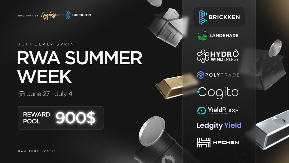 RWA Summer Week is coming to your area, DOers☀️

📅 June 27 - July 4
🏆 Reward Pool: $900

Hop on <a href="/cryptorsyio/">Cryptorsy Ventures</a> x <a href="/Brickken/">Brickken</a> RWA opportunity-revealing journey to celebrate on-chain summer start 🎇

➡️ Join Campaign Here: zealy.io/cw/cryptorsy/q…

Take a deep dive into today's top