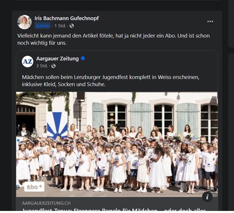 Hier demonstriert eine Lenzburger Einwohnerrätin sehr schön, was falsch läuft in der Medienbranche: Lokaljournalismus ist ja "schon noch wichtig für uns", aber den einen Franken, der ein Probeabo kostet, ist es dann schon nicht wert.