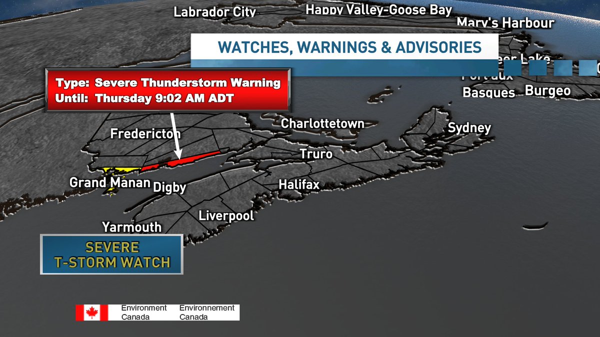 tsimpkin's tweet image. Thunderstorms are rocking the NB Fundy coast. ECCC has issued a Severe T-Warning for Saint John Co. courtesy of these T-Storms producing torrential rain. Elsewhere the rain will be moving in from W to E with risks of thunderstorms today. #nbstorm #nsstorm #peistorm