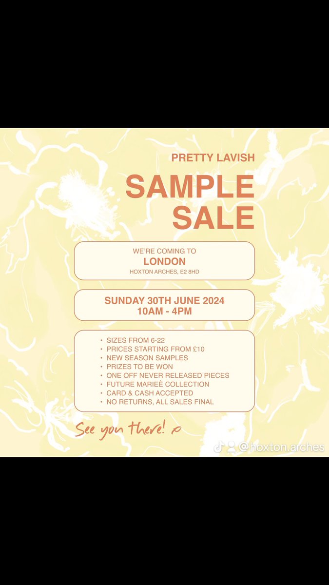 @prettylavishuk first ever London Sample Sale is coming to Hoxton Arches! 
🗓️ SUNDAY 30TH JUNE
⏰ 10AM - 4PM
🚆 NEAREST STATION IS HOXTON STATION
What to expect:
Prices start from £10
Over 2500 samples
Sizes 6 to 22 
Card and cash accepted
We can’t wait to see you there ✨