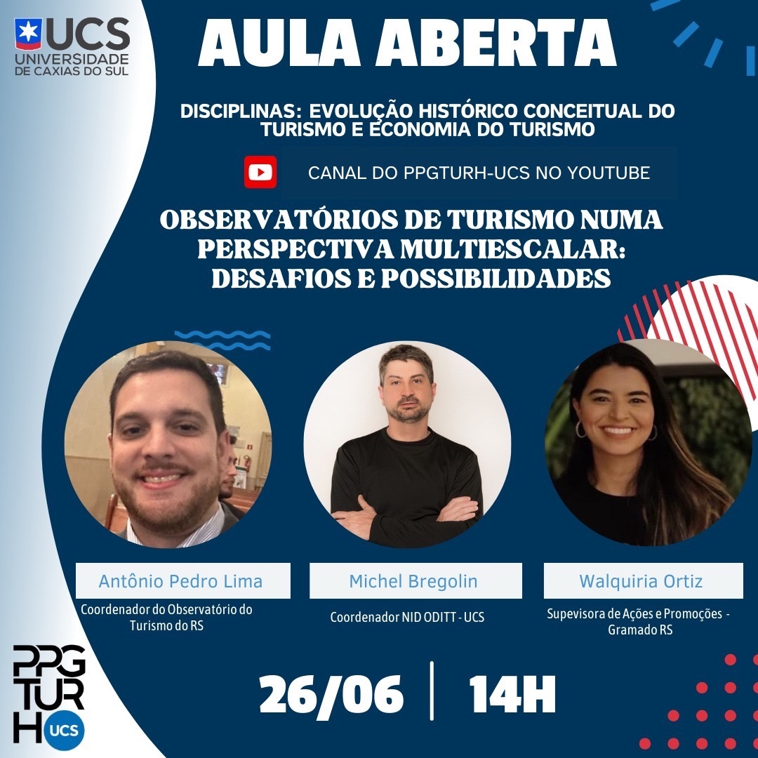 Apcslima's tweet photo. Aula aberta sobre os Observatórios de Turismo disponível no canal de Youtube da UCS: https://t.co/ehrEAqRsNJ https://t.co/gUaNdCtcsG