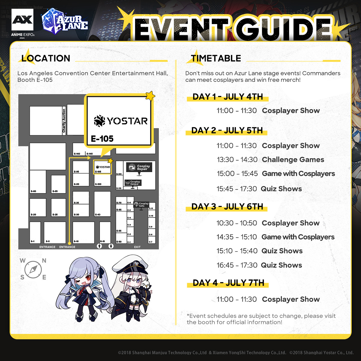 AzurLane_EN's tweet photo. ⚓ Azur Lane Anime Expo 2024 Event Guide ⚓

Here's your guide to everything Azur Lane @AnimeExpo, Commander. Follow the map to find us and see you soon~!

Follow &amp; Repost to enter giveaway, details in the replies below.

#AzurLane #Yostar #AX2024 https://t.co/is4sL0ADLN