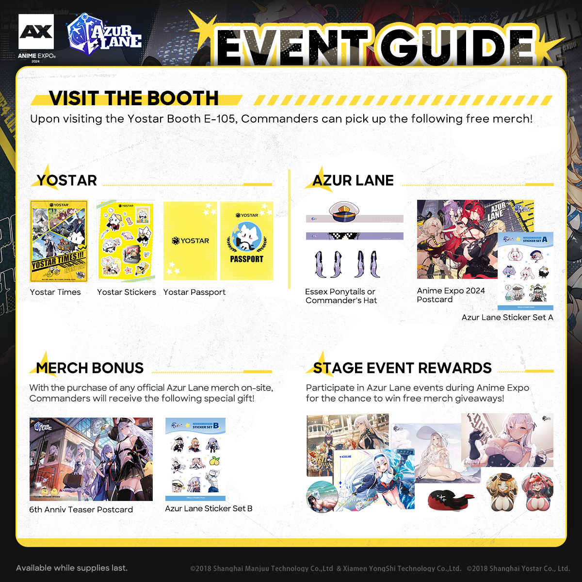 AzurLane_EN's tweet photo. ⚓ Azur Lane Anime Expo 2024 Event Guide ⚓

Here's your guide to everything Azur Lane @AnimeExpo, Commander. Follow the map to find us and see you soon~!

Follow &amp; Repost to enter giveaway, details in the replies below.

#AzurLane #Yostar #AX2024 https://t.co/is4sL0ADLN