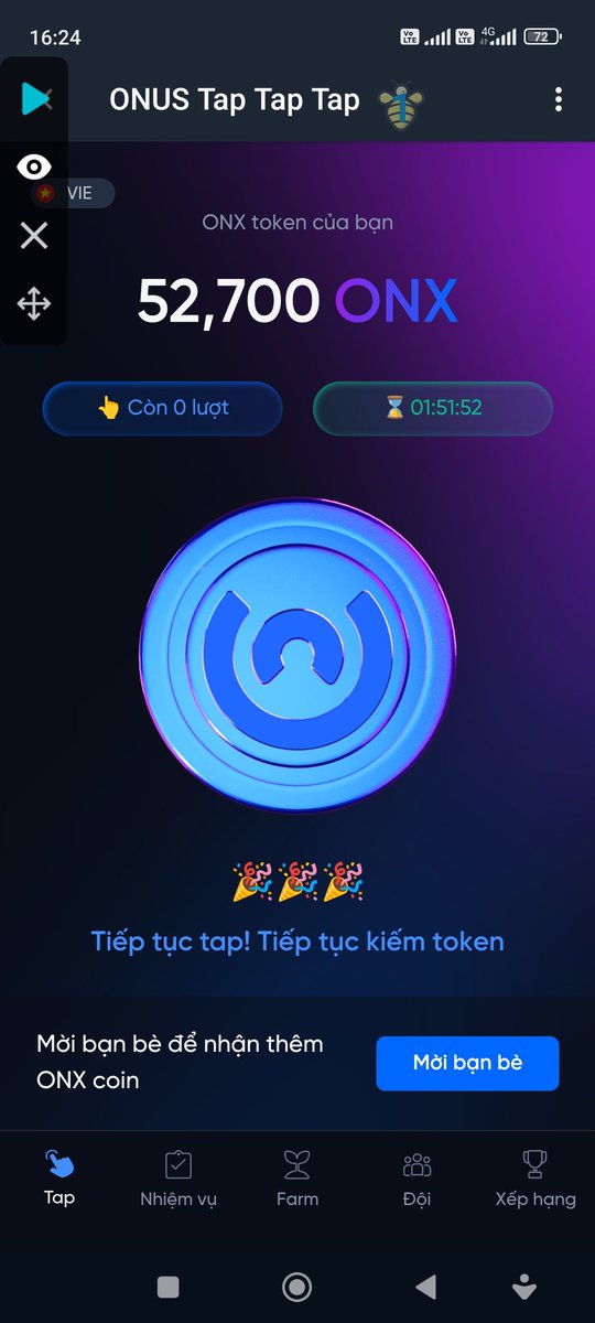 Dự án đào #ONX của sàn #ONUS anh em nhé. Về cơ bản thì cơ chế giống hệt đào cex.io

t.me/onus_tap_tap_t…

Ae  đào con này đi nhé, hàng ngon, token sàn thì phải chiến mạnh