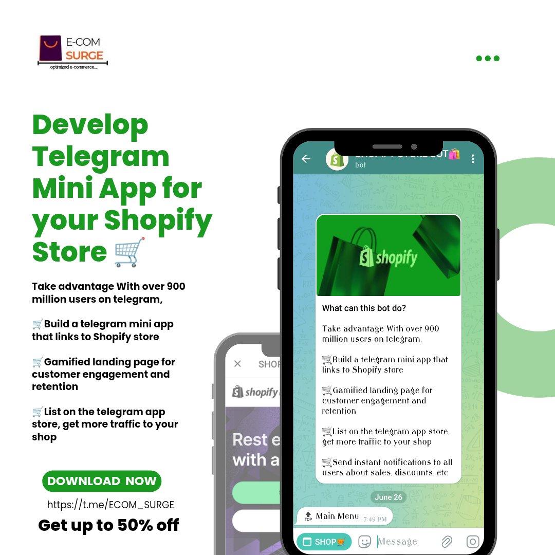 ecom_surge's tweet photo. #Shopify + #telegram 🤯🤯

Building a telegram mini app for your Shopify store or any #ecommerce website is the latest

Take advantage With over 900 million users on telegram to reach new users and engage current users.
#EURO2024 #CHIVID024 #Config2024 #Kalki2898AD https://t.co/KdUuKYGVws