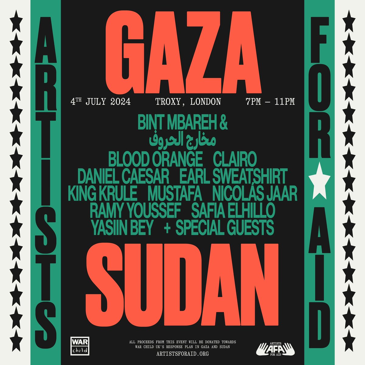 London! Sudan is calling. Gaza is calling. Every artist here is a hero of empathy, thank you for answering our call. Tickets are on sale at artistsforaid.org at 5pm today. There is a war, strike a chord, cry an answer.