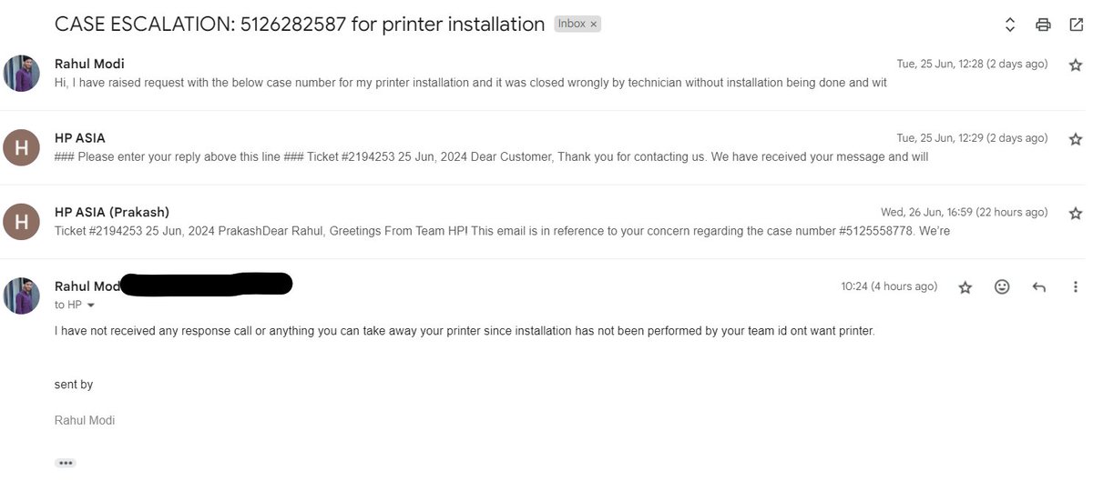 rahulm0902's tweet photo. @HPSupport @HP @HPIndia  I have ordered the printer since 7th june and delivered to me on 11th june more than 2 weeks passed by but no installation service has been provided to me even though calling so many times and techinal support is zero. #noservice #zerocustomersupport https://t.co/mj9gWrf9mz
