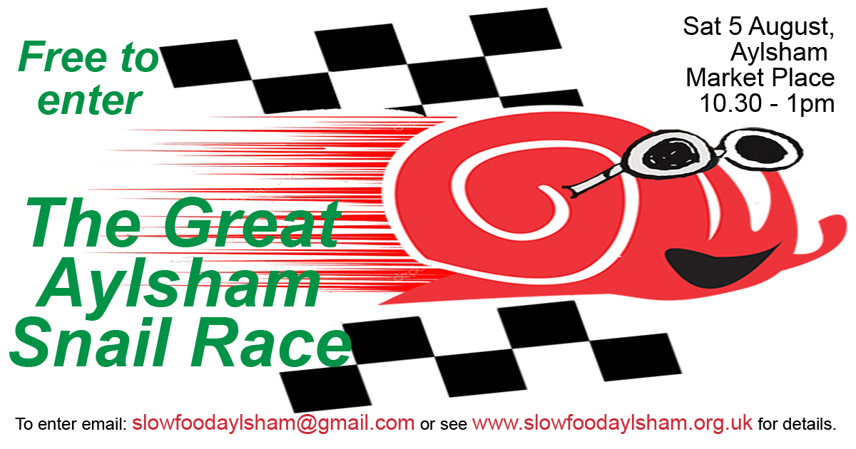 The Great Aylsham Snail Race is back and preparations are underway for the “slowest and silliest” race on Saturday 3 August at the Food &amp; Craft Market just outside Aylsham Town Hall.
It's free to enter and open to young and old.
Details on: slowfoodaylsham.org.uk