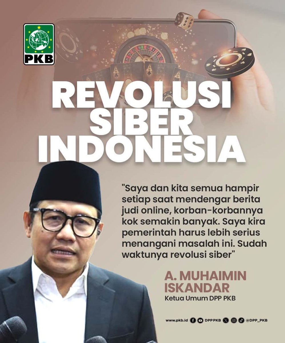 Ketua Umum DPP PKB Gus Imin <a href="/cakimiNOW/">A Muhaimin Iskandar</a> menyerukan Revolusi Siber mengingat keberadaan judi online yang semakin meresahkan. 

Gus Imin meminta pemerintah perlu melakukan pelacakan dan penghapusan seluruh konten serta situs judi online secara sistematis.

#1PKB
#Judol 
#SuaraPKB