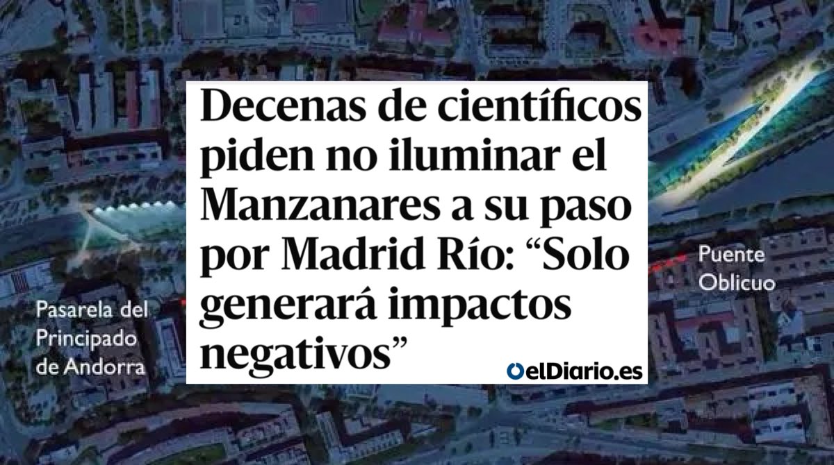 MasMadridCiudad's tweet photo. Es un clamor; Almeida debe paralizar el macabro proyecto de iluminación de Madrid Río que perturbará la vida de la fauna del Río Manzanares.

Más de 80 científicos se lo dicen y más de 36.000 vecinos que han firmado contra el proyecto de Carabante. https://t.co/9PhN8LIA62 https://t.co/MLpbL3mK0z