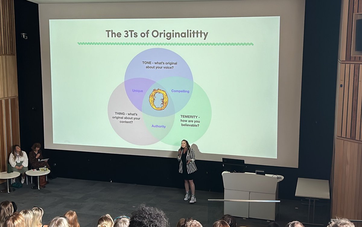 A great takeaway from <a href="/keano81/">Amy Charlotte Kean</a> keynote. Consider the 3Ts of Originality to ensure your voice can make impact. #MidsPRConf  + 400k words from the dictionary that can be used instead of the same 50!