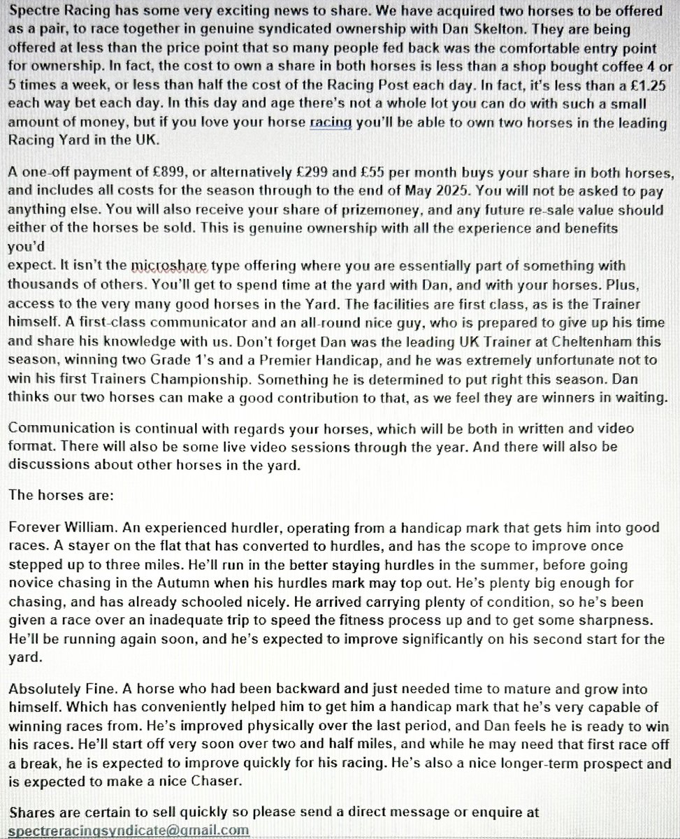 Spectre Racing has some very exciting news to share in the attachment. And we really hope that the hard work behind the scenes has made it possible for you to join us in these two exciting horses. To enquire ether send a direct message, or email spectreracingsyndicate@gmail.com