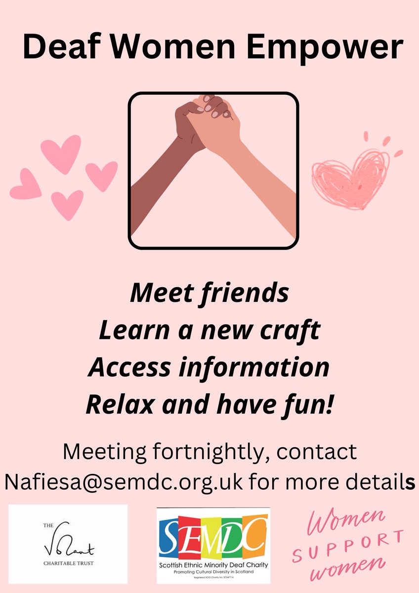 Scottish Ethnic Minority Deaf Charity (@semdc1) on Twitter photo So excited about our upcoming women's group!  
Funded by the Volant Trust, we will be supporting women to learn new skills, gain access to women's health topics, and a safe space to communicate! So excited about our upcoming women's group!  
Funded by the Volant Trust, we will be supporting women to learn new skills, gain access to women's health topics, and a safe space to communicate!