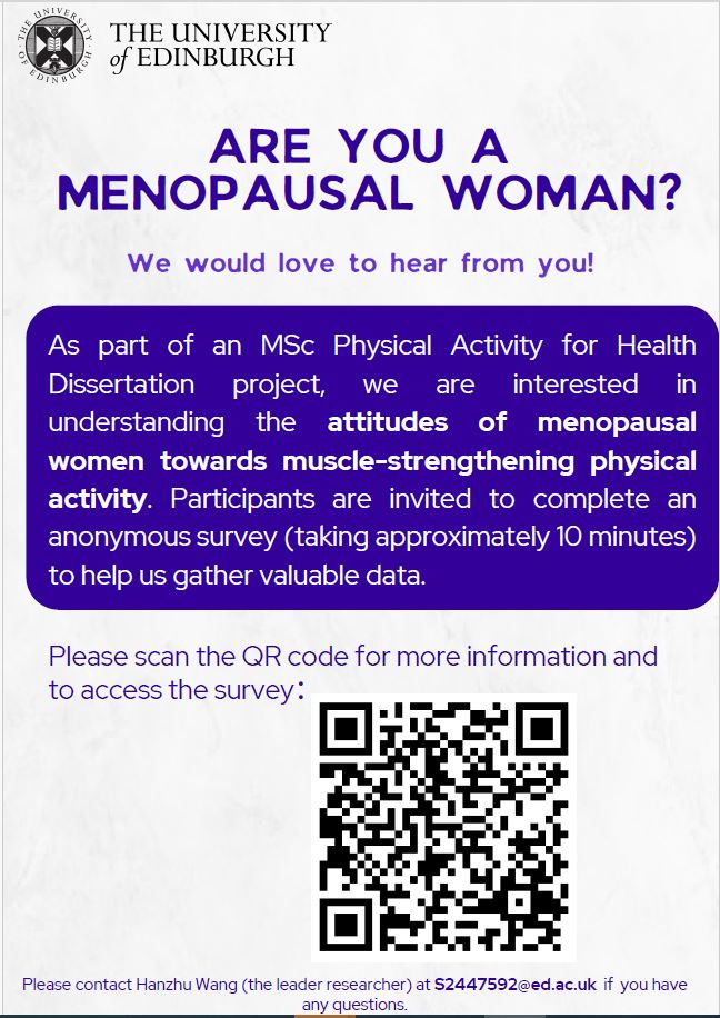 Ailsa Niven (@ailsaniven) on Twitter photo **We are still recruiting** (Pls RT) - My MSc Physical Activity for Health student <a href="/hanzhuuu/">han’zhu</a> is recruiting women in the menopause lifestage to complete a survey - we would like to know what you think about muscle strengthening physical activity. edinburgh.eu.qualtrics.com/jfe/form/SV_8w…… **We are still recruiting** (Pls RT) - My MSc Physical Activity for Health student <a href="/hanzhuuu/">han’zhu</a> is recruiting women in the menopause lifestage to complete a survey - we would like to know what you think about muscle strengthening physical activity. edinburgh.eu.qualtrics.com/jfe/form/SV_8w……