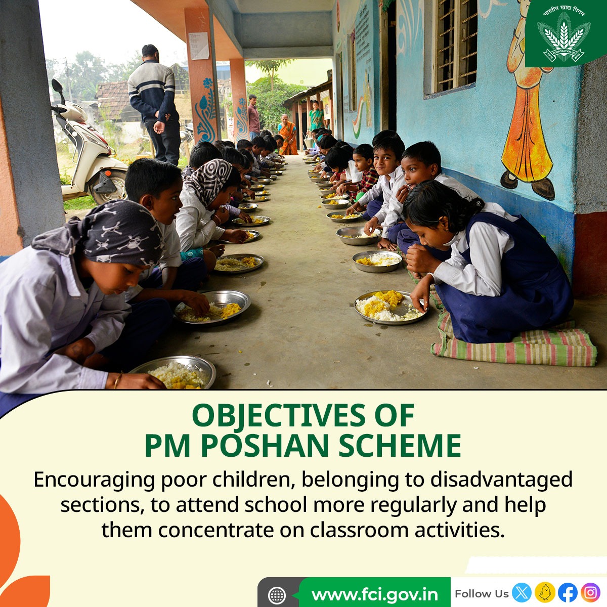 FCI_India's tweet image. The objectives of PM POSHAN Scheme are to address two important issues affecting a majority of children in India, namely, hunger and education.

#KnowYourScheme
.
.
.
#PMPoshan #ChildNutrition #EducationForAll #India #GovernmentSchemes #HealthyKids #Nutrition
