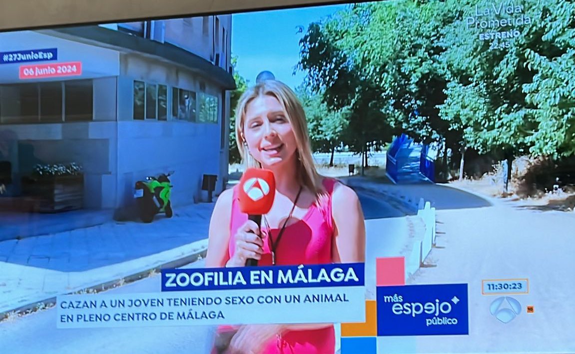 niporwifi's tweet photo. Lo de Espejo Público no tiene nombre.
Cogen un vídeo de una cuenta ultraderechista que comparte un bulo haciendo entender que un magrebí está teniendo sexo con un animal tras el ascenso del Málaga, y publican la información tal cual.
La realidad es que ocurrió hace unas semanas, y se ve en otro vídeo que ha rulado por muchos grupos de WhatsApp de la ciudad que son dos personas teniendo sexo.
Vía @94rafacarrasco