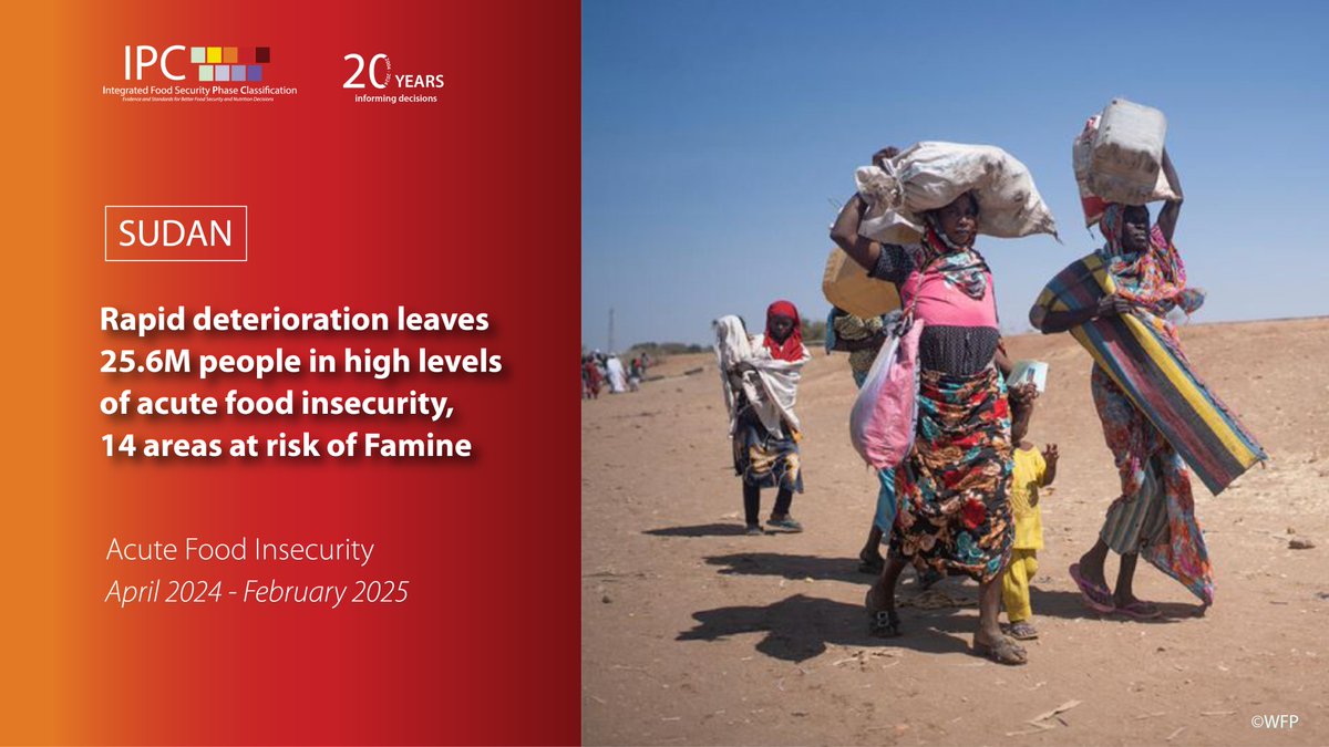 #Sudan 🇸🇩 alert!

14 months into the conflict, Sudan is facing the worst levels of acute #foodinsecurity ever recorded by the IPC in the country. 

Read more ▶️: ipcinfo.org/ipcinfo-websit…