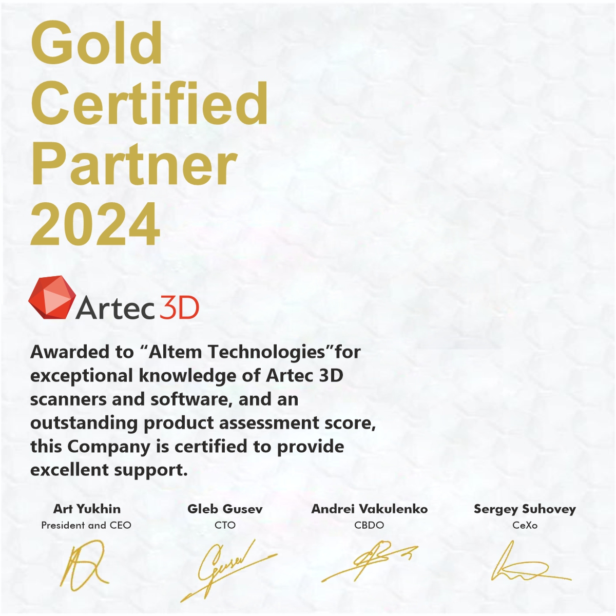 iALTEM's tweet photo. Continuing a legacy of excellence— @Artec3DScanners's Gold Certified Partner 2024🏆🏆 for the third consecutive year!

We're committed to advancing in 3D Scanning and delivering unparalleled service to you.

Read more about the certificate: https://t.co/q7iGHg7BGR https://t.co/YaLclKfkhg