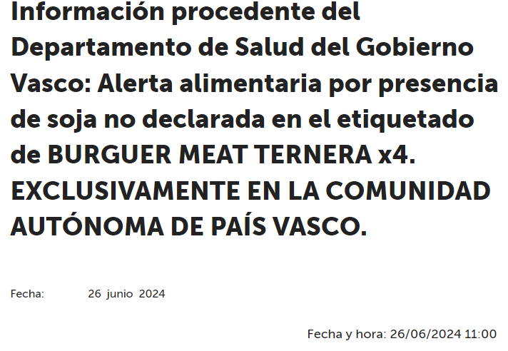 ⚠️Información procedente del Departamento de Salud del Gobierno Vasco: Alerta alimentaria por presencia de soja no declarada en el etiquetado de Burger meat ternera x4. Exclusivamente en la comunidad autónoma de País Vasco.
📌lc.cx/lvyzkq