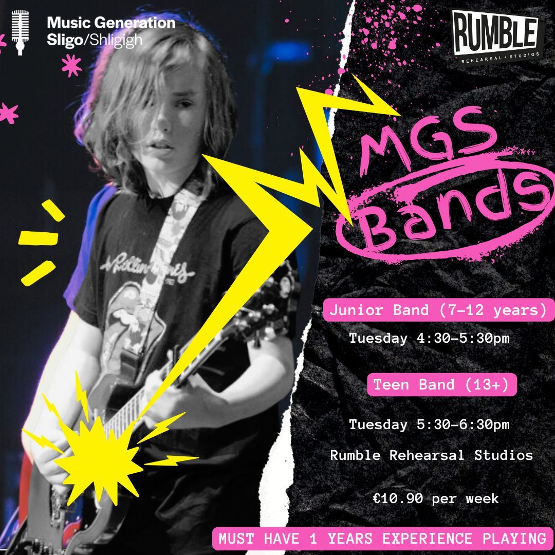 Take your musicianship to the next level with our Junior (7+) &amp; Teen (13+) bands meeting every Tuesday in Rumble Rehearsal Studios from 4:30pm in September.
🔥Performance opportunities 
🔥Make friends
🔥Learn from professional musicians Apply here: buff.ly/3V2UjmD #sligo
