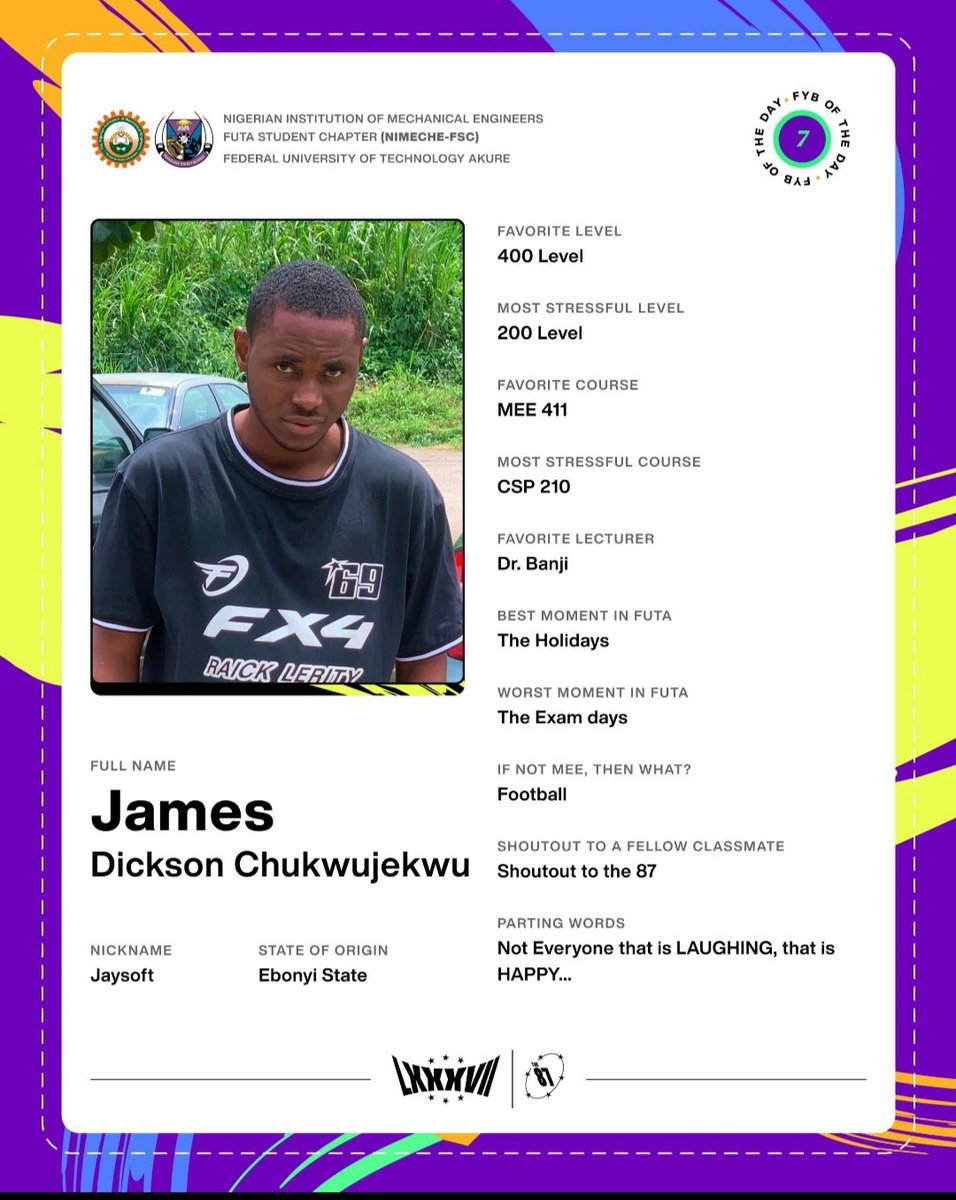 meeclass23's tweet photo. Meet today's star, James Dickson Chukwujekwu! ๐๐ฝ He's a legendary footballer, too skilled to be stopped! ๐ช We're grateful for his invaluable contributions to the department. Cheers to more greatness! #meeclass23 #FybOfTheDay #The87 https://t.co/Cll2hQRqrb