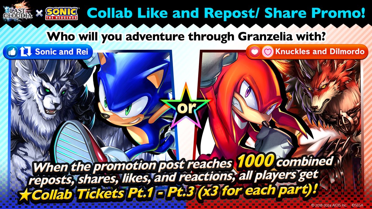 lastcloudiaen's tweet photo. 🎁Collab Like and Repost/ Share Promo!🎁

🔁👍: Repost or share this post for Sonic and Rei
❤️🩷: Like or love this post for Knuckles and Dilmordo

All players will get ★collab tickets once the promo post goal is reached!

#LastCloudia x #SonicTheHedgehog https://t.co/44uRuMbaKR