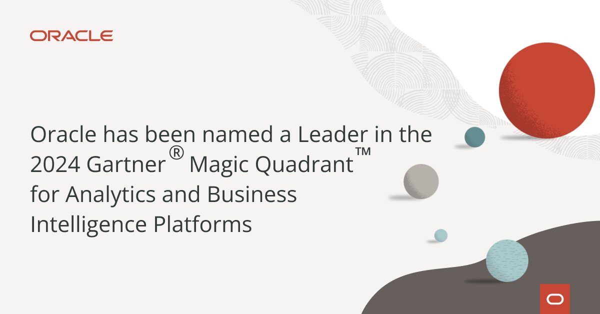 emmetob's tweet photo. .@Oracle was named a Leader in the 2024 @Gartner_inc Magic Quadrant™ for Analytics and Business Intelligence Platforms. Get the details: https://t.co/IMfg5K1qJl https://t.co/dgGkCbbT4l