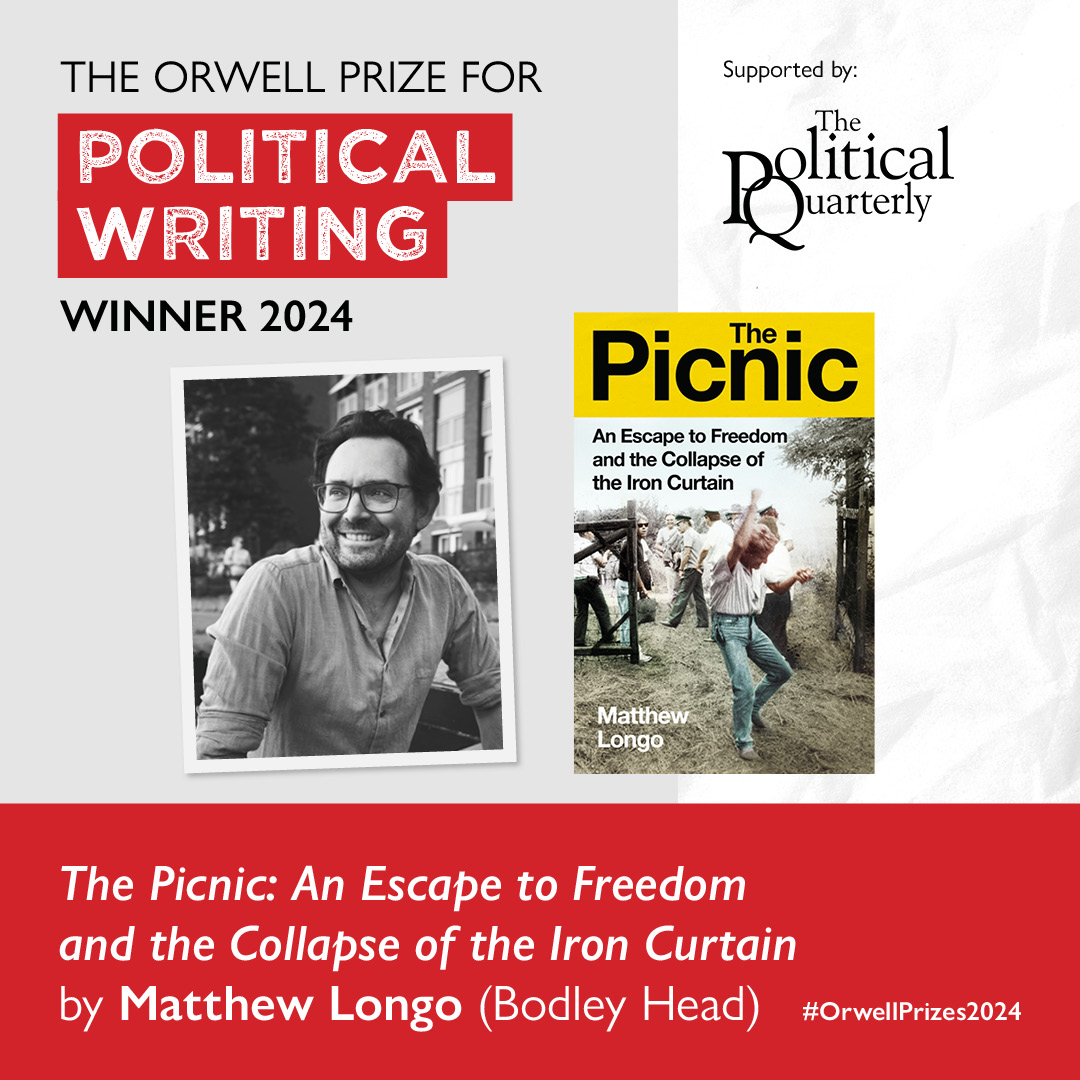 TheOrwellPrize's tweet photo. Announcing the winner of The Orwell Prize for Political Writing 2024 - @matthewblongo for his book The Picnic [@TheBodleyHead]. Congratulations, Matthew!

With thanks to our judges @peterfrankopan, @sundersays, @christinalamb, @lola_seaton and @Silva, and prize sponsors @po_qu. https://t.co/HGG5XP8BjJ