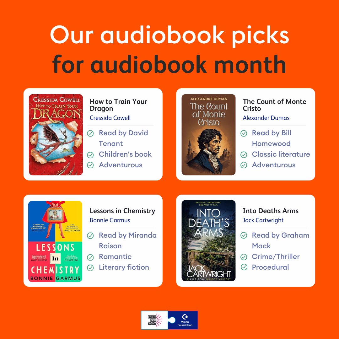 June is audiobook month. An accessible format that opens up reading for everyone, it’s a format we really appreciate here at Fight For Sight Vision Foundation, so we thought we would share what we're currently reading! 

Question to followers: what is your favourite audiobook?