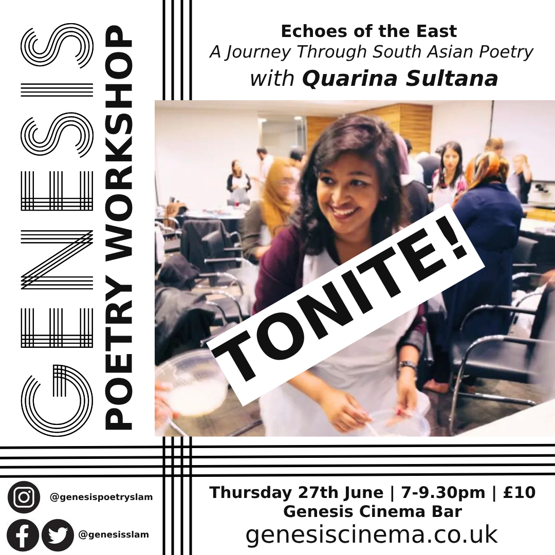 Final call for our <a href="/GenesisSlam/">Genesis Slam</a> workshop this evening at <a href="/GenesisCinema/">Genesis Cinema</a> where we're all going on a journey through South Asian poetry.

Last tix are available here: genesiscinema.co.uk/movie/genesis-…

All aboard!

#poetrycommunity #poetry #WritingCommunity #writing #poetryinlondon