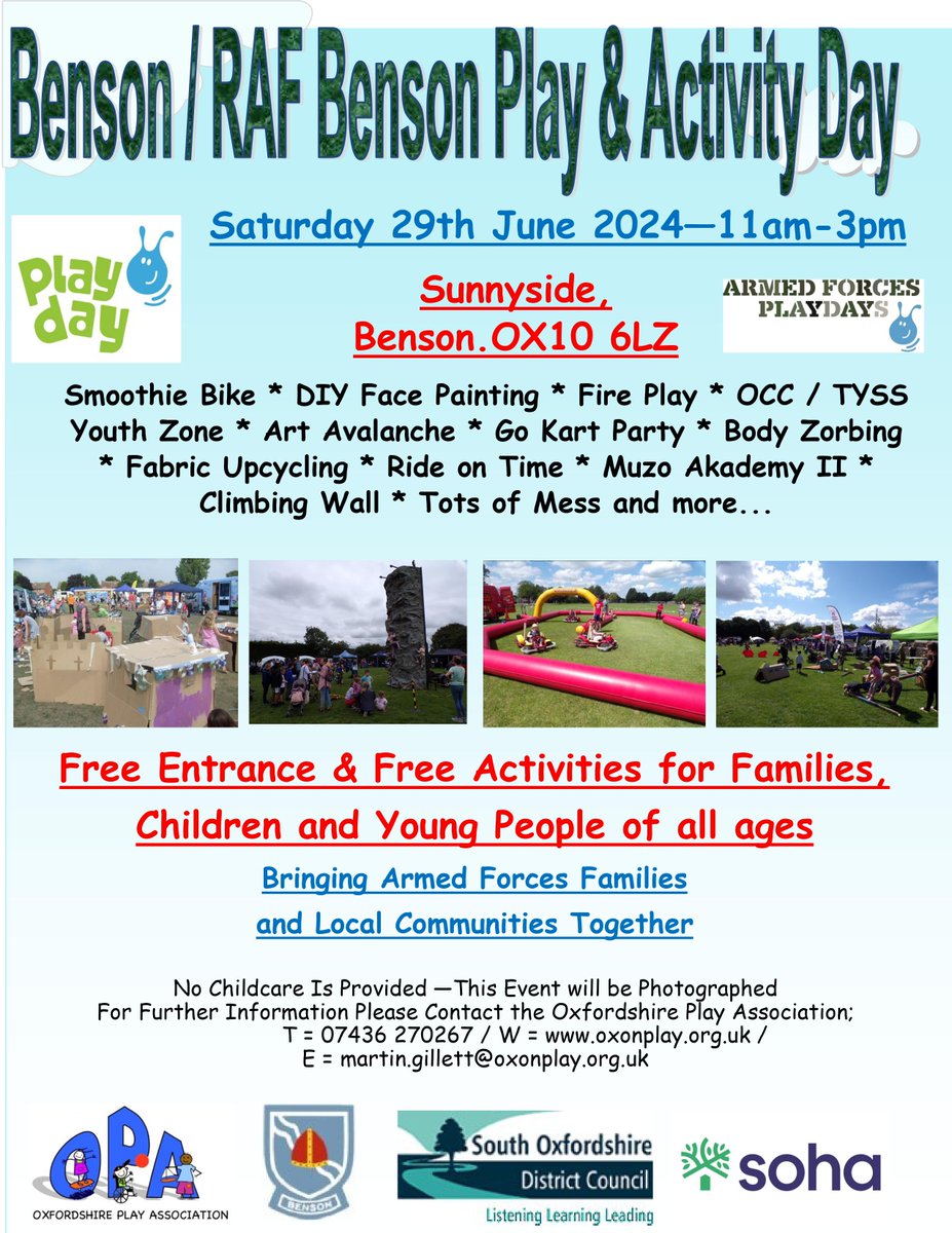 Oxon Play Assoc OPA (@oxonplay) on Twitter photo We are looking forward to seeing you in Benson on Saturday for our Playday eventπFREE Entrance & FREE Activities! <a href="/BensonParish/">Benson Parish</a> <a href="/RAFBensonHIVE/">RAF Benson HIVE</a> <a href="/RAFBensonSchool/">RAF Benson Primary</a> <a href="/SohaHousing/">Soha Housing</a> <a href="/SouthOxon/">South Oxfordshire DC</a> <a href="/RAFBenson/">RAF Benson</a> We are looking forward to seeing you in Benson on Saturday for our Playday eventπFREE Entrance & FREE Activities! <a href="/BensonParish/">Benson Parish</a> <a href="/RAFBensonHIVE/">RAF Benson HIVE</a> <a href="/RAFBensonSchool/">RAF Benson Primary</a> <a href="/SohaHousing/">Soha Housing</a> <a href="/SouthOxon/">South Oxfordshire DC</a> <a href="/RAFBenson/">RAF Benson</a>