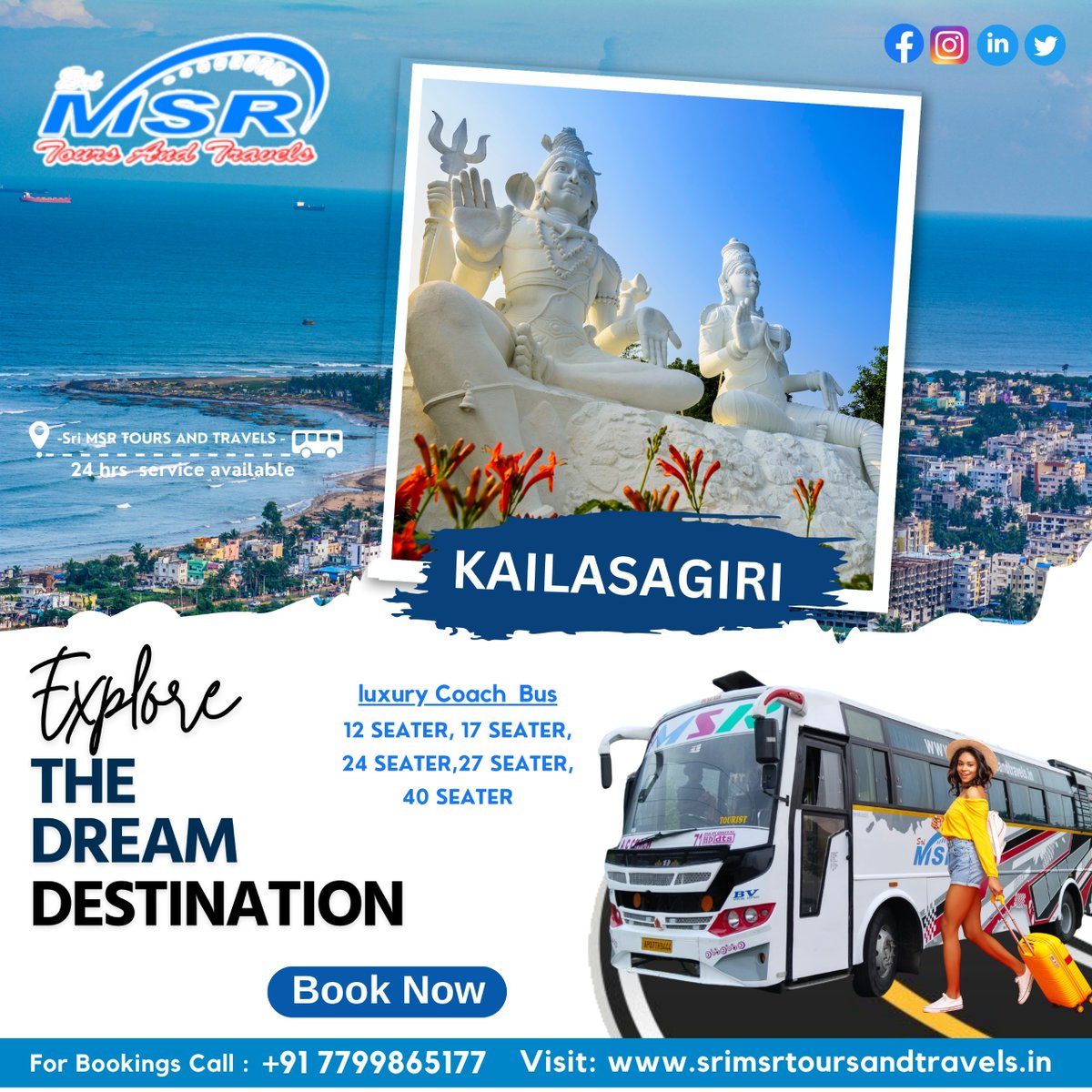 srimsrgroup's tweet photo. π Explore the Dream Destination with MSR Tours and Travels! π
π Luxury Coach Bus Options:
- 12 SEATER
- 17 SEATER
- 24 SEATER
- 27 SEATER
- 40 SEATER
π For Bookings Call: +91 7799865177
π» Visit: https://t.co/Y0eel5ezv6
#TravelWithMSR #LuxuryTravel #ExploreKailasagiri https://t.co/AqoIIIkRsM