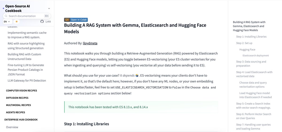 New RAG with Gemma recipe using <a href="/elastic/">Elastic</a> search, <a href="/huggingface/">Hugging Face</a> 🧑🏻‍🍳📖 

Find it below ⇓