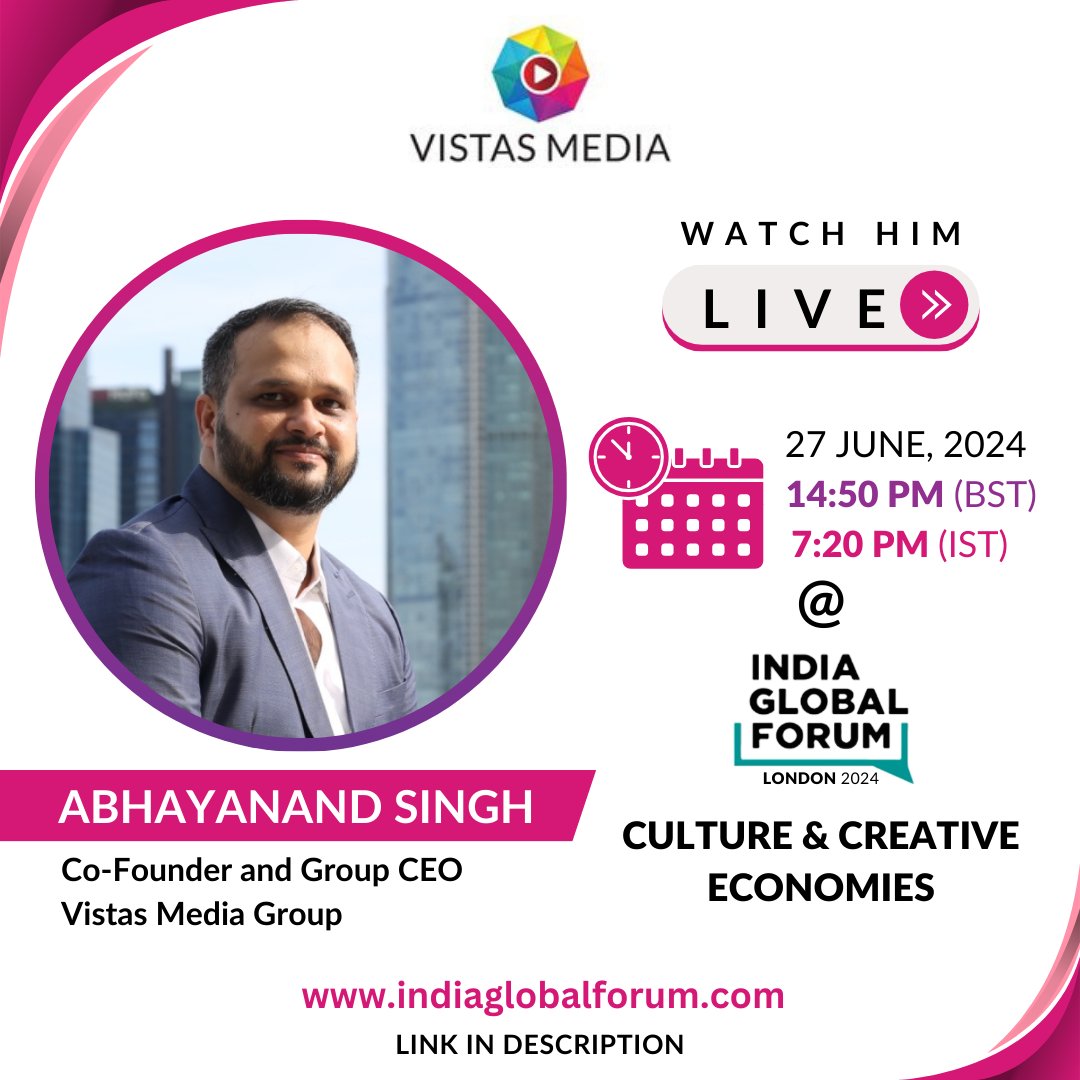 Watch Mr. Abhayanand Singh, Co-Founder and CEO of Vistas Media  live today at the Indian Global Forum with captivating insights.
indiaglobalforum.com/Pathways-to-a-…

#vistasmedia #goldenratiofilms #igf2024 #IGFLondon  #creatuvityunleashed