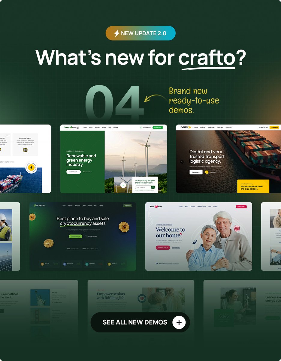linksture's tweet image. 🌟 New in Crafto HTML template: 4 full demo sites for Green Energy, Logistics, Elder Care, and Cryptocurrency businesses! Check them out: craftohtml.themezaa.com 🚀 #WebDesign #HTMLTemplate #GreenEnergy #Logistics #ElderCare #Crypto