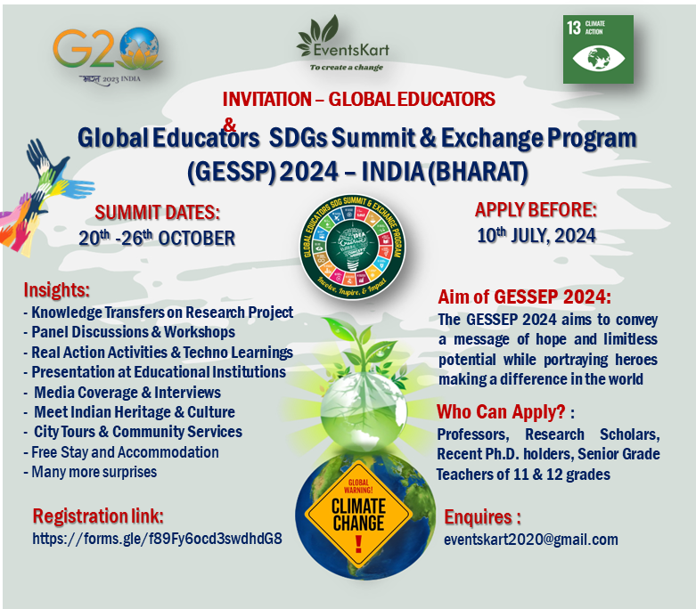 A flagship initiative of the Global Educators SDG Summit &amp; Exchange Program (GESSEP) 2024 invites Global Educators and dedicated Climate Change activists, through their immense research initiatives. #sustinability #cllimatechange #carbonfootprint #university