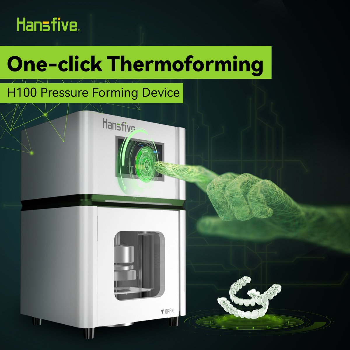 HanSfivedental's tweet image. ⭐️Hansfive H100 Pressure Forming Device streamlines the production of clear aligners with its one-click functionality.
👉No more tedious manual steps or waiting around—simply press start, and you‘ll have a perfectly thermoformed product in no time.

#hansfive