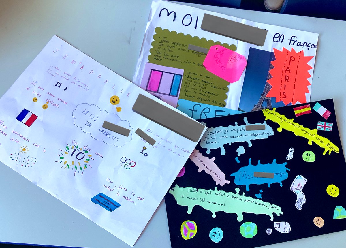StNicksLang's tweet photo. Last lesson with #StNicksYear6 N French today! 🇫🇷 They finished their posters introducing themselves in French using everything they learned this year. Such creativity and a joy to teach this year! #StNicksFrench #StNicksLanguages #StNicksCreativity https://t.co/1SVQwcitdj