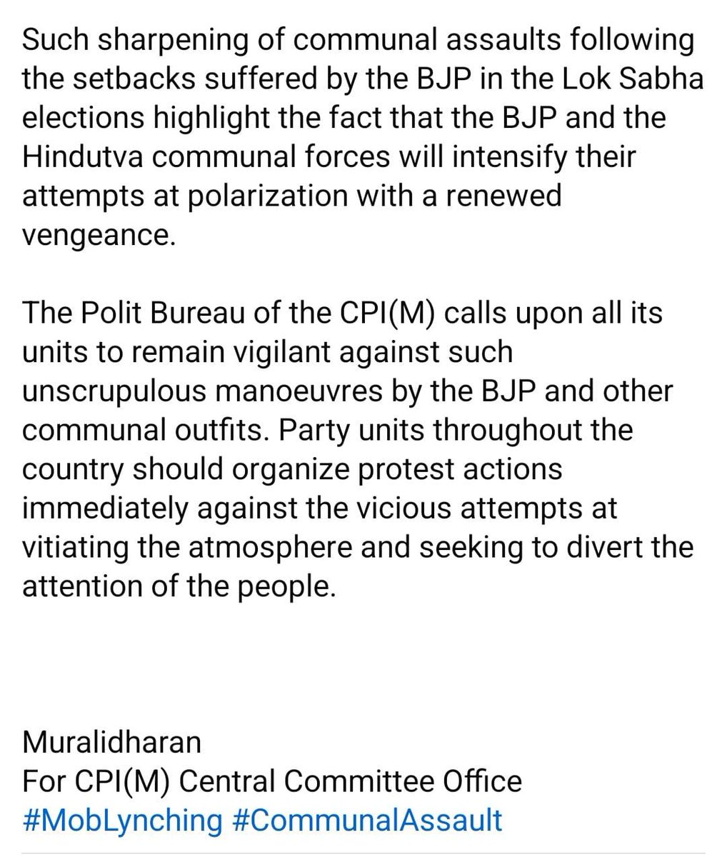 mahacpimspeak's tweet image. The Polit Bureau of the Communist Party of India (Marxist) has issued the following statement:
 
Strongly Condemn Vicious Communal Assault on Muslims
 
The @cpimspeak condemns the spate of attacks against members of the Muslim community in various parts of the country.
#MobLynch