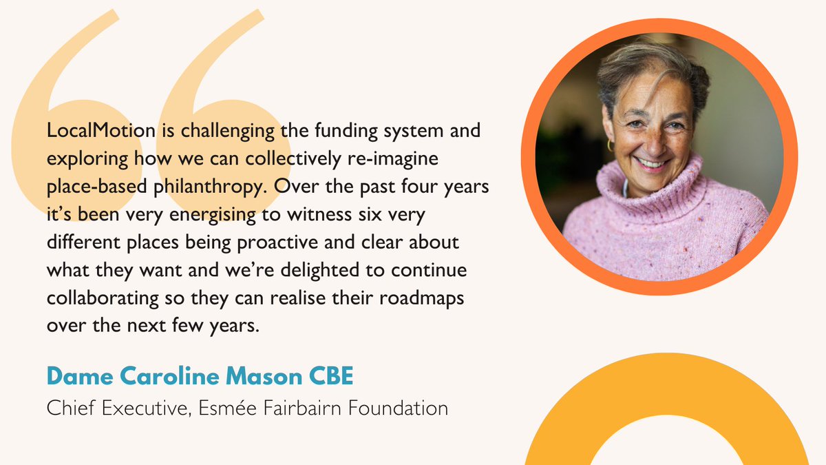 Really excited to announce that we are continuing our support for <a href="/LocalMotionUK/">LocalMotion</a> to 2031🎊 

Together with other original funders of LocalMotion, we're committing £18.4m, ensuring 6⃣ places in England &amp; Wales can realise their long-term plans for change🙌 esmeefairbairn.org.uk/latest-news/lo…