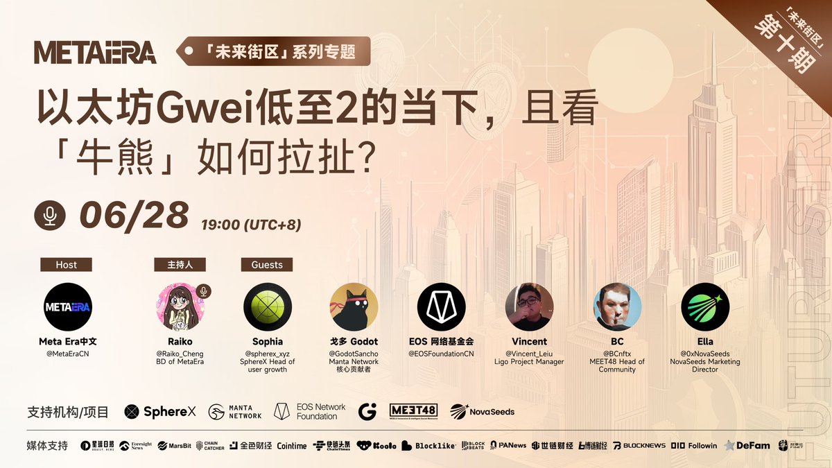 MetaEra 中文 (@metaeracn) on Twitter photo 【未来街区第🔟期】
🔥 以太坊 Gwei 低至 2 的当下,且看「牛熊」如何拉扯?🔥
⏰:6.28 19:00 UTC+8
🔗:x.com/i/spaces/1mnxe…
✨主办方:<a href="/MetaEraCN/">MetaEra 中文</a>
🎙️主持人&嘉宾:<a href="/Raiko_Cheng/">程景 Raiko</a>,@spherex_xyz,<a href="/GodotSancho/">戈多Godot(🔱,🔱).manta</a>,@EOSFoundationCN,<a href="/Vincent_Leiu/">Vincent</a>,<a href="/BCnftx/">BC |MEET48</a>,@0xNovaSeeds
#ETH #Gwei #Gas 【未来街区第🔟期】
🔥 以太坊 Gwei 低至 2 的当下,且看「牛熊」如何拉扯?🔥
⏰:6.28 19:00 UTC+8
🔗:x.com/i/spaces/1mnxe…
✨主办方:<a href="/MetaEraCN/">MetaEra 中文</a>
🎙️主持人&嘉宾:<a href="/Raiko_Cheng/">程景 Raiko</a>,@spherex_xyz,<a href="/GodotSancho/">戈多Godot(🔱,🔱).manta</a>,@EOSFoundationCN,<a href="/Vincent_Leiu/">Vincent</a>,<a href="/BCnftx/">BC |MEET48</a>,@0xNovaSeeds
#ETH #Gwei #Gas